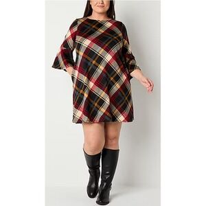 Jessica Howard Plaid Shift 3/4 Sleeve Plus Dress Fall Bookish Boots XL